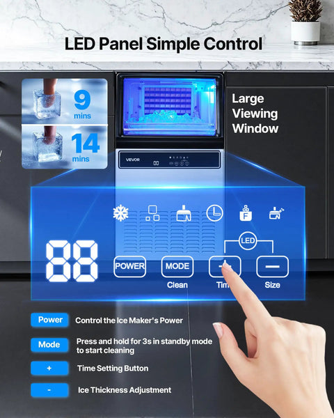 Control panel of Party Ready Ice Maker For Home Bar Or Restaurant, Up To 130 Lbs Per Day With 33 Lbs Storage, LED display.