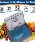 Ride Along Thermoelectric Car Cooler And Warmer 32 Qt Fits A Six Pack Perfect For Weekend Drives, gray with 7.8-gallon capacity and fruits around.