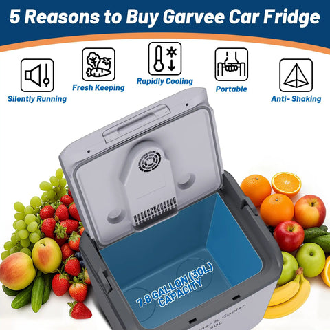 Ride Along Thermoelectric Car Cooler And Warmer 32 Qt Fits A Six Pack Perfect For Weekend Drives, gray with 7.8-gallon capacity and fruits around.