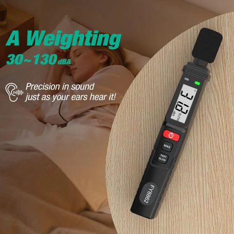 Pro Grade Sound Level Meter With 30-130 DB Range, Digital Decibel Meter With LCD Display, High Precision Sensor, Plus Or Minus 1.5 DB Accuracy, 0.1 DB Resolution, Condenser Microphone, Ideal For Home And Work Noise Monitoring on wood surface