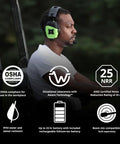 Man wearing Bluetooth Hearing Protection Earmuffs With Aware Technology on lawn mower, safety green, showcasing features.