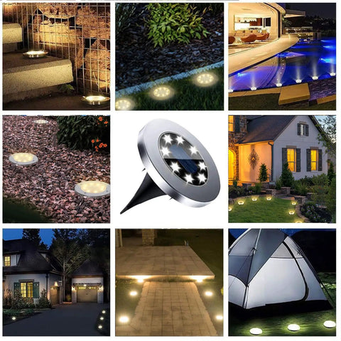 Sun Powered 8 LED Solar Ground Lights Waterproof For Outdoor Pathway And Garden in various outdoor settings, 12 Pack Warm White.