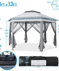 13x13 Pop Up Hexagonal Gazebo With Mesh Walls And Double Tiers No Fuss Setup Patio Shade Shelter For Lawn Garden Backyard And Deck Weather Resistant All Season Canopy Tent In Gray
