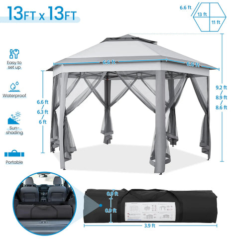 13x13 Pop Up Hexagonal Gazebo With Mesh Walls And Double Tiers No Fuss Setup Patio Shade Shelter For Lawn Garden Backyard And Deck Weather Resistant All Season Canopy Tent In Gray