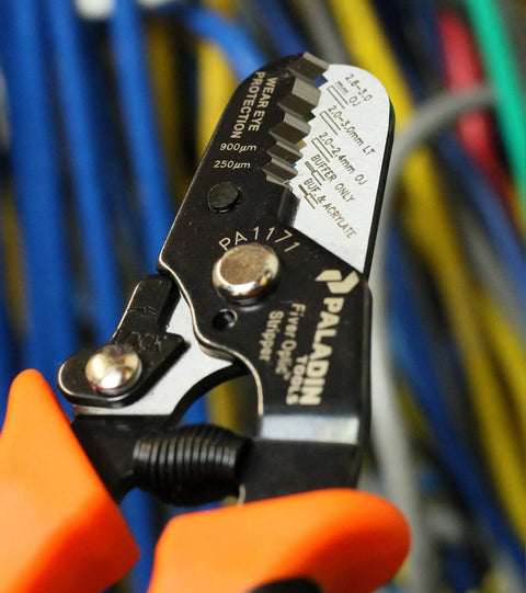 ProGrip Workhorse 5-In-1 Fiber Optic Stripper with dual durometer grips in use, displaying cable sizes and details.