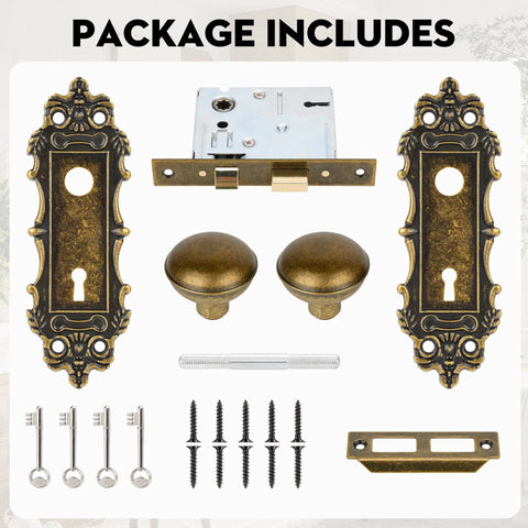 Components of Antique Brass Mortise Lock Set For Interior Doors With Vintage Door Knob And Skeleton Key Old School Lock Replacement