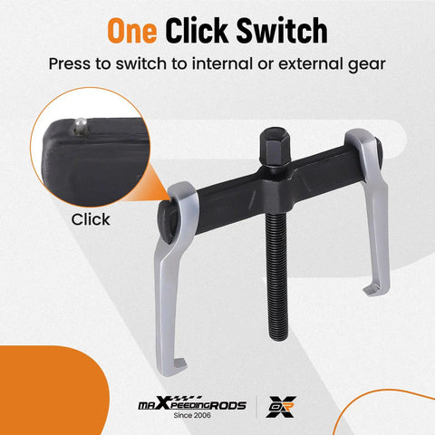 Close-up of 12 Inch 2 Jaw Gear Puller Reversible Bearing Puller Tool showing one-click switch for external and internal removal.