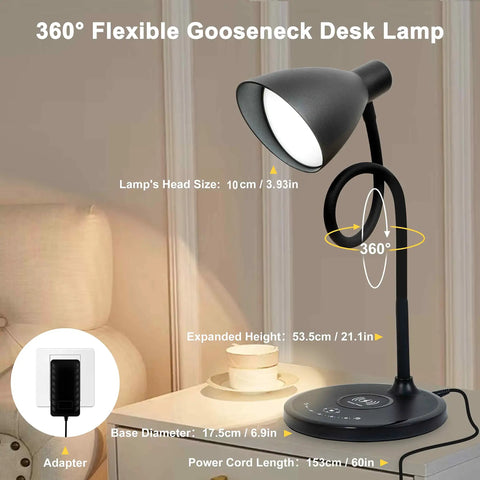 Gooseneck Desk Lamp With Wireless Charger And USB Port, 12W 1200 Lumens Eye Care LED Reading Light for Home Office Setup