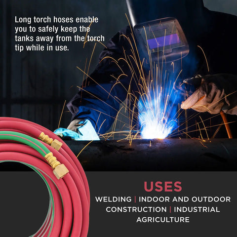 Welder using 50 Foot Oxygen And Acetylene Welding Hose Set With Twin One Quarter Inch B Fittings Eighteen Threads Per Inch Color Coded