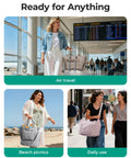 Women using Foldable 37L Travel Bag That Expands Into A Spacious Weekender For Women, Lightweight, in different settings like airport, beach, and city.