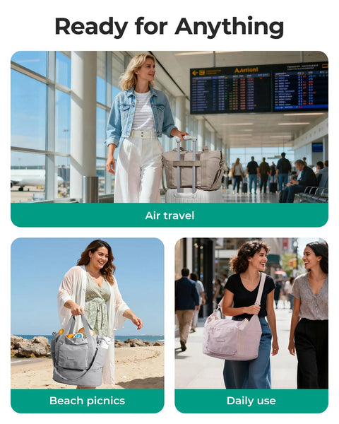 Women using Foldable 37L Travel Bag That Expands Into A Spacious Weekender For Women, Lightweight, in different settings like airport, beach, and city.