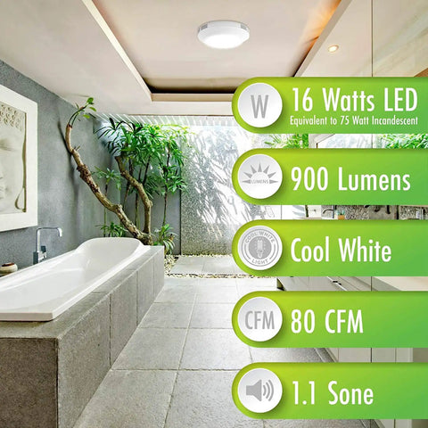 Bathroom Integrated LED Light Ceiling Mount Exhaust Ventilation Fan Quiet One Point One Sones 80 CFM White Finish in bathroom
