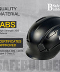 Heavy Duty Abs Safety Helmet With Built In Visor And Quick Air Vent Osha Certified, classic black finish, side view, ABS material.
