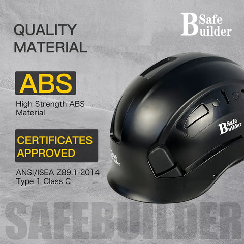 Heavy Duty Abs Safety Helmet With Built In Visor And Quick Air Vent Osha Certified, classic black finish, side view, ABS material.
