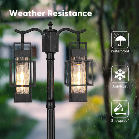 Two Head Outdoor Lamp Post Light Hardwired Street Pole For Outdoor Use With Water Glass Shade in garden setting