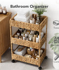 Three Tier Water Hyacinth Rolling Cart with Wheels Handwoven Utility Storage Rack for Kitchen Laundry Nursery and Bath