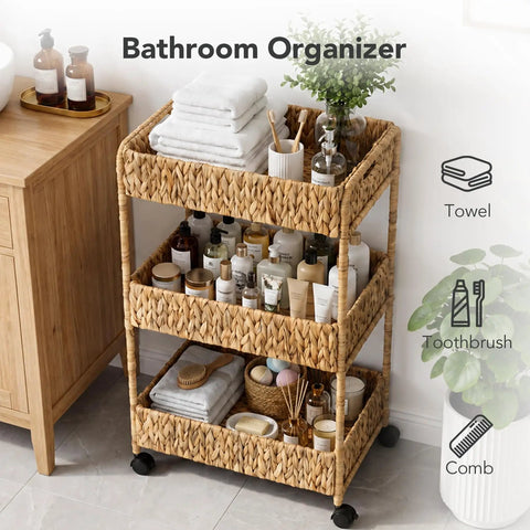 Three Tier Water Hyacinth Rolling Cart with Wheels Handwoven Utility Storage Rack for Kitchen Laundry Nursery and Bath
