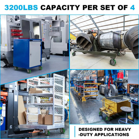 Collage of industrial scenes showing Heavy Duty Casters 8 Inch By 2 Inch, Aluminum Core, Polyurethane Tread used in carts and equipment.