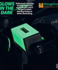 Glowing green 4 Inch Hydraulic Outboard Steering Lock for trailering and boating attached to boat motor.