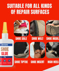 Heavy Duty Shoe Glue Crystal Clear Fast Dry Bond For Sneakers Boots Heels Crocs And More Strong Flexible Repairs That Wont Stiffen Soles Water Resistant Extreme Condition Ready Long Lasting Fix shown with shoe repair examples