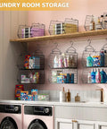 Dead Simple Hanging Closet Organizer With Expansive Tiered Wire Baskets Saves Serious Space In Your Laundry Room, wire baskets organized with laundry supplies.