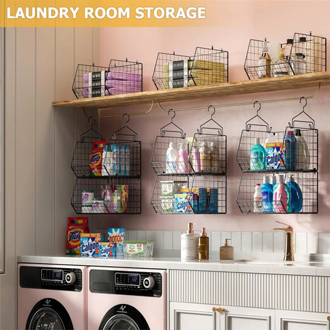 Dead Simple Hanging Closet Organizer With Expansive Tiered Wire Baskets Saves Serious Space In Your Laundry Room, wire baskets organized with laundry supplies.