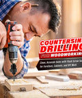 Man using 15 Piece Countersink Drill Bit Set For Woodworking M2 HSS Tapered Bits for woodworking on wooden plank.