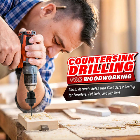 Man using 15 Piece Countersink Drill Bit Set For Woodworking M2 HSS Tapered Bits for woodworking on wooden plank.