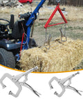4 Pack 11 And 6 Inch C Clamp Locking Pliers With Swivel Pads for Woodworking and Home Improvement shown lifting hay bale