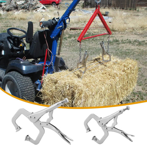 4 Pack 11 And 6 Inch C Clamp Locking Pliers With Swivel Pads for Woodworking and Home Improvement shown lifting hay bale