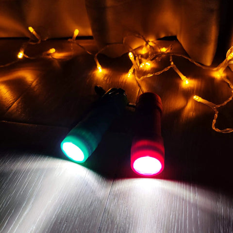 Ten Pack Mini LED Flashlights Each 100 Lumens With Pre Installed AAA Batteries Included, Compact ABS Casing in use.