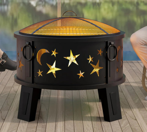 26 Inch Outdoor Fire Pit With Grill, Mesh Spark Screen And Poker, Rust Resistant Powder Coated Steel, 4 Leg Stable Design
