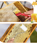 Pro Grade Beekeeping Honey Harvest Kit with stainless steel uncapping tools, roller in use on honeycomb frame