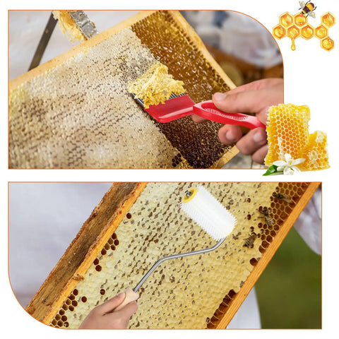 Pro Grade Beekeeping Honey Harvest Kit with stainless steel uncapping tools, roller in use on honeycomb frame