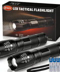 2-Pack Zoomable LED Flashlights With 5 Modes, includes batteries, shown with packaging and durable aluminum material, ideal for outdoor use.