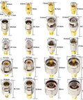 Must Have 20 Piece SMA Adapter Kit For Quick SMA To UHF SO239 N Type BNC F Type Gold Plated Coax Connectors arranged with dimensions.