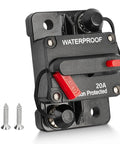 Beefy 20 Amp Manual Reset Circuit Breaker Holder For 12-48V DC Systems with screws, waterproof, black with red reset button