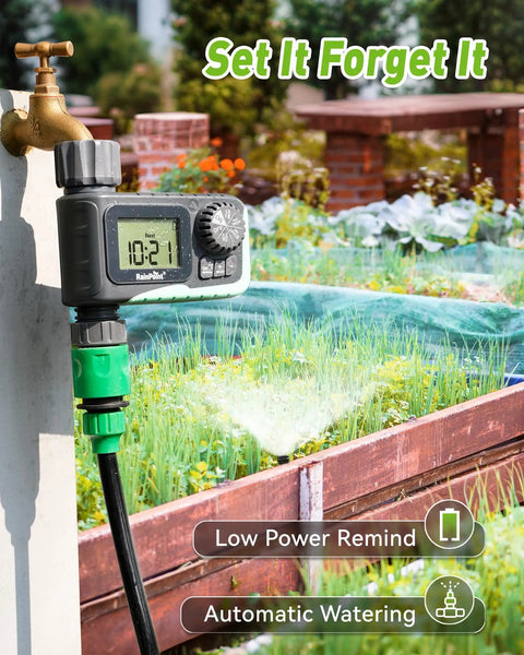 Outdoor Sprinkler Timer For Garden Hose With Large LCD Screen, Programmable Watering Schedule attached to a faucet