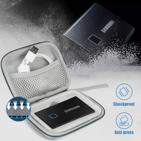 Rugged Hard Carrying Case For T7 And T7 Touch Portable SSDs with SSD and cables, shockproof travel organizer, navy.