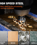 Durable Spiral Flute Step Drill Bit Set drilling metal, shown with examples of materials: stainless steel, wood, plastic, fiberglass.