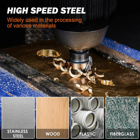 Durable Spiral Flute Step Drill Bit Set drilling metal, shown with examples of materials: stainless steel, wood, plastic, fiberglass.