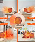 Compact PTC Ceramic Space Heater Portable Electric Desk Heater For Home Office Bedroom Fast Heat In Just 3 Seconds Your Go To Desk Heater Lightweight Safety Auto Shutoff Under Desk Friendly Light Brown shown in various room settings