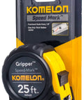 Speed Mark Gripper Measuring Tape With Acrylic Coated Steel Blade White For Easy Reading Built Tough Glare Free Stud Markings Every 16 Inches 1 Inch By 25 Feet Impact Resistant Case Protected End Hook, front view