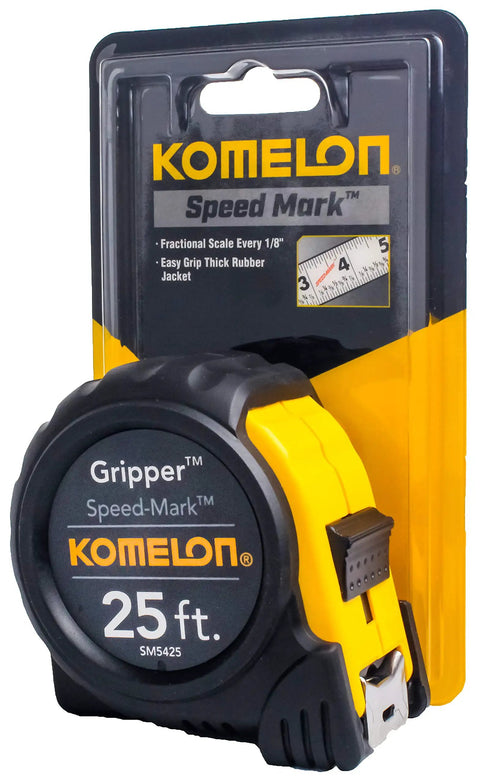 Speed Mark Gripper Measuring Tape With Acrylic Coated Steel Blade White For Easy Reading Built Tough Glare Free Stud Markings Every 16 Inches 1 Inch By 25 Feet Impact Resistant Case Protected End Hook, front view