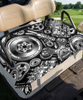 Two Seater Golf Cart Seat Cover And Towel Microfiber Absorbent Breathable Bench Seat Protector With Vintage Engine Print For Golf 