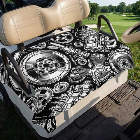 Two Seater Golf Cart Seat Cover And Towel Microfiber Absorbent Breathable Bench Seat Protector With Vintage Engine Print For Golf 