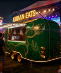 Straight Up Commercial Food Truck Trailer Featuring Custom Coffee Bar Station And Heavy Duty Snack Cart Prep Table To Crush Your Street Vendor Hustle Or Mobile Catering Business, green exterior with illuminated sign.