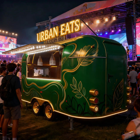 Straight Up Commercial Food Truck Trailer Featuring Custom Coffee Bar Station And Heavy Duty Snack Cart Prep Table To Crush Your Street Vendor Hustle Or Mobile Catering Business, green exterior with illuminated sign.