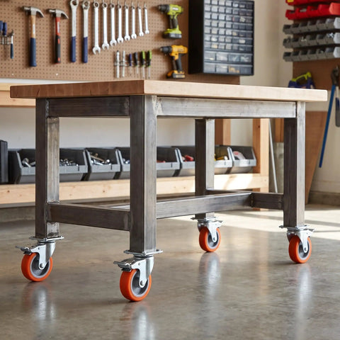 4pcs Inch TPR Swivel Caster Wheels with Brake, M8 Post mounted on a sturdy workbench in a garage setting