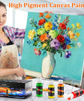 Acrylic Paint Set With 36 Dope Rich Pigment Colors, 2 Oz Bottles, Includes 12 Brushes, used on a floral canvas painting by an artist.